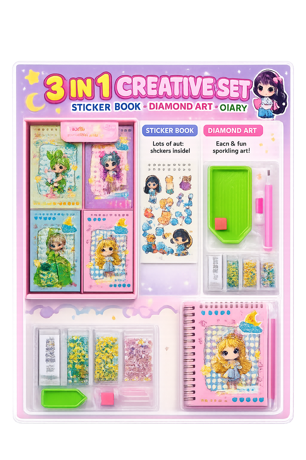 🎀 3-in-1 Creative Activity Set – Sticker Book, Diamond Art & Diary ✨📖🎨