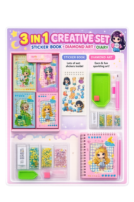 🎀 3-in-1 Creative Activity Set – Sticker Book, Diamond Art & Diary ✨📖🎨