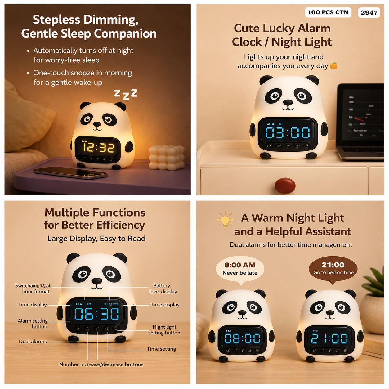 🎀 Cute Lucky Panda Alarm Clock & Night Light