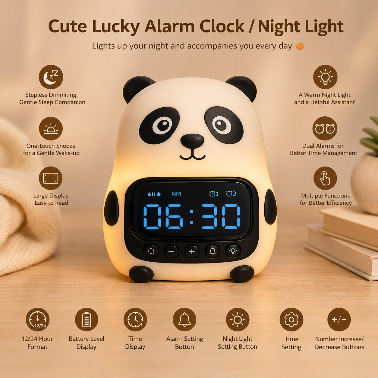 🎀 Cute Lucky Panda Alarm Clock & Night Light