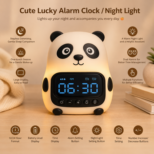 🎀 Cute Lucky Panda Alarm Clock & Night Light