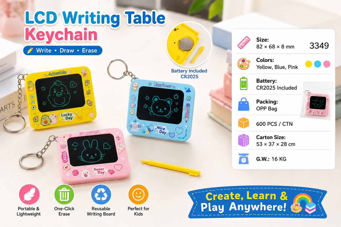 🎀 LCD Writing Tablet Keychain ✏️🌈