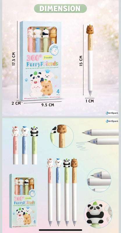 🎀 Cute Furry Friends Erasable Gel Pen Set (Pack of 4)