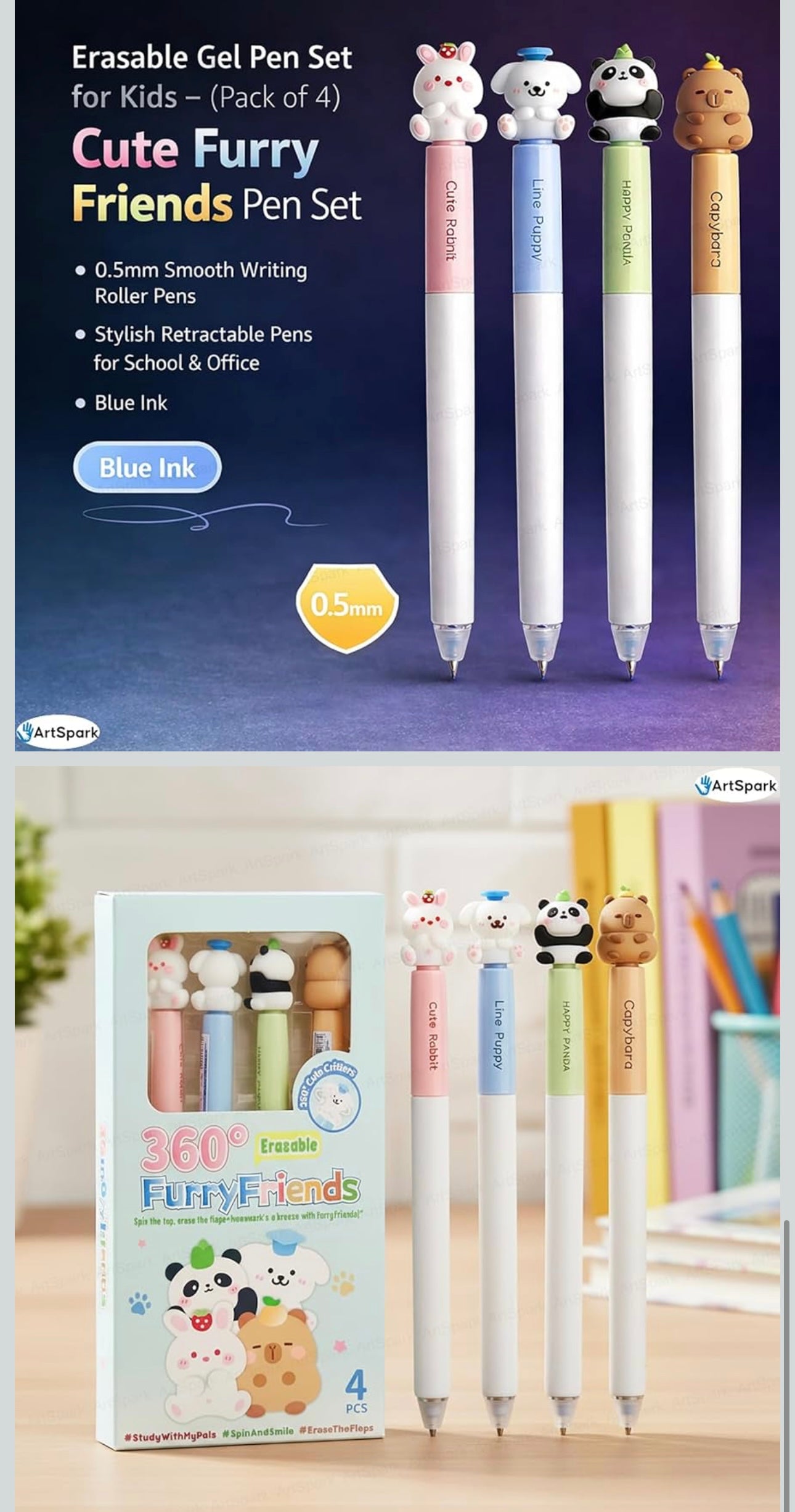 🎀 Cute Furry Friends Erasable Gel Pen Set (Pack of 4)