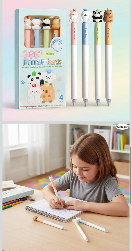 🎀 Cute Furry Friends Erasable Gel Pen Set (Pack of 4)